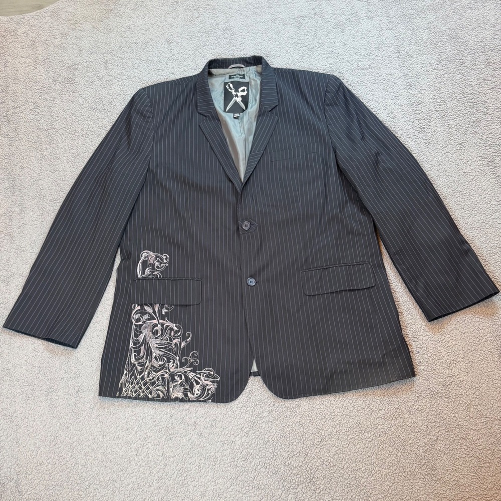 Marc Ecko Cut & Sew Mens 3XL Pinstripe Blazer Jacket Embroidered Graphic Black